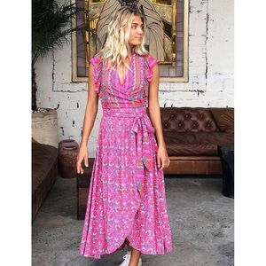 Feather & Find Tamara Pink Floral Wrap Maxi Dress Ruffle Resort Boho Luxe S